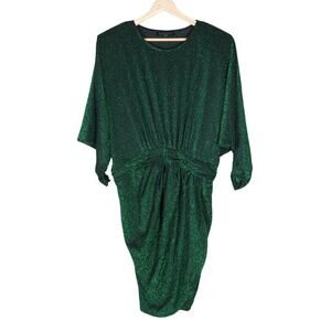 Eloquii Dress 16 Green Metallic Dolman Sleeve Drape Gathered Above Knee Mini